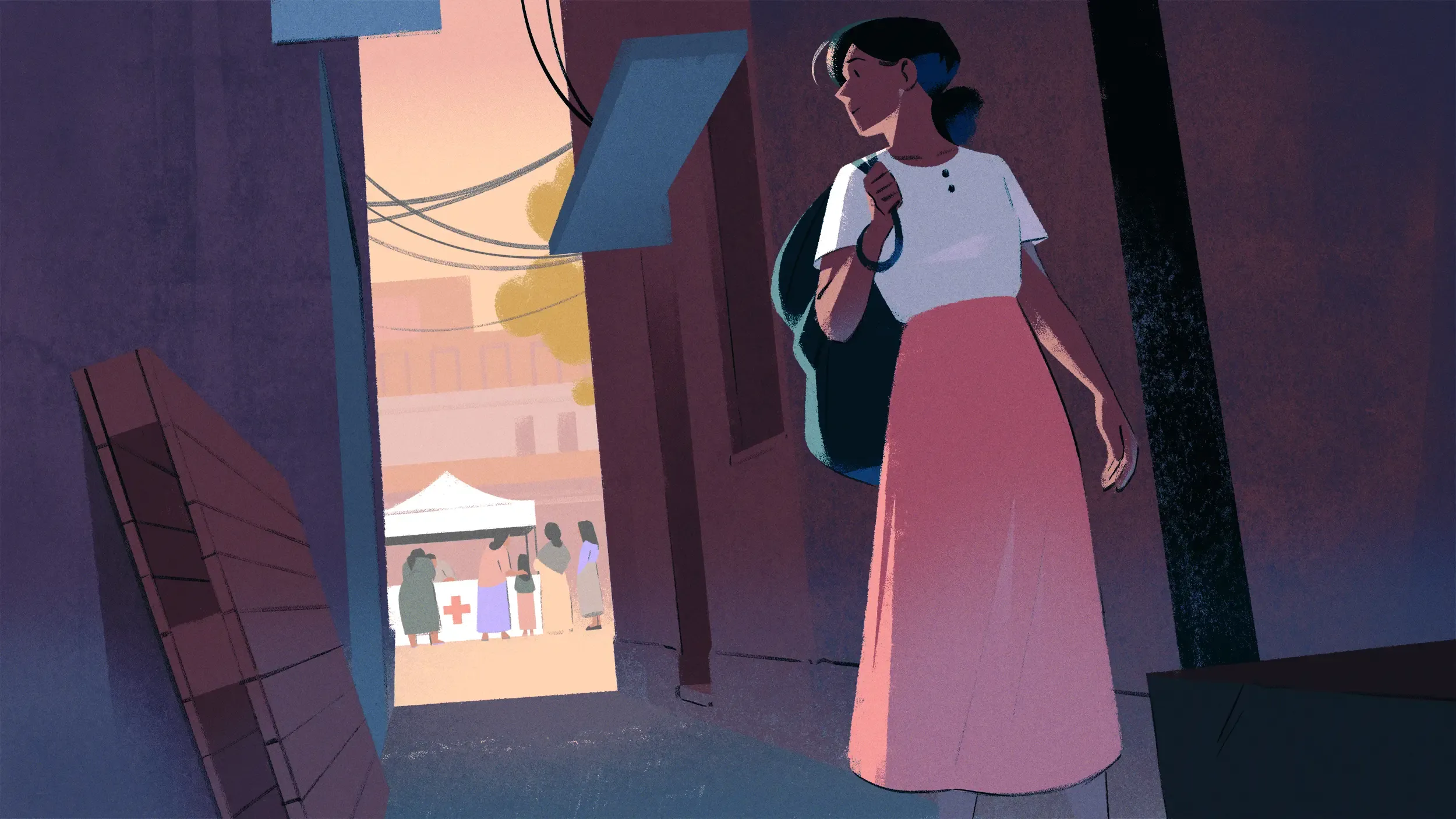 Amiyna walking down an alley